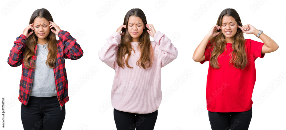 Fototapeta premium Collage of beautiful young woman over isolated background covering ears with fingers with annoyed expression for the noise of loud music. Deaf concept.