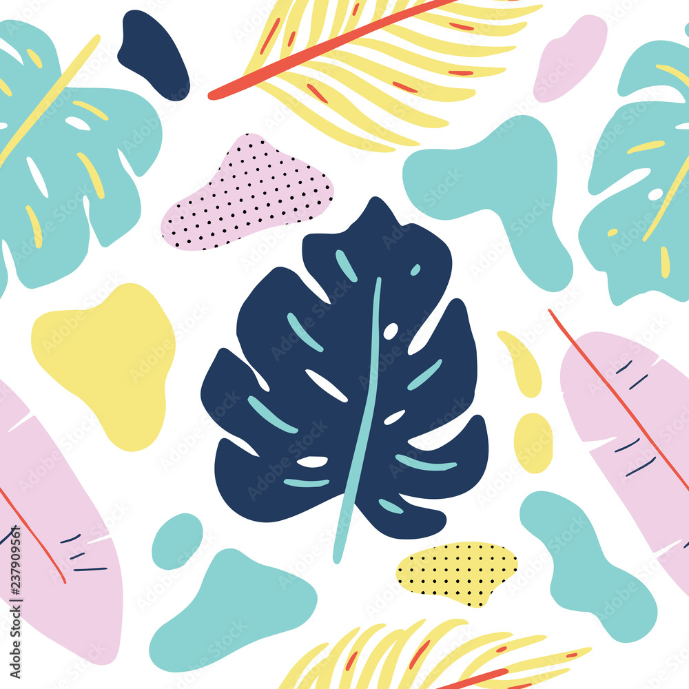 Modern seamless pattern with tropical leaves and abstract element in pastel colors. Fluid elements on white. Template for print, tablecloths, t-shirt, party, summer background, fabric. Vector