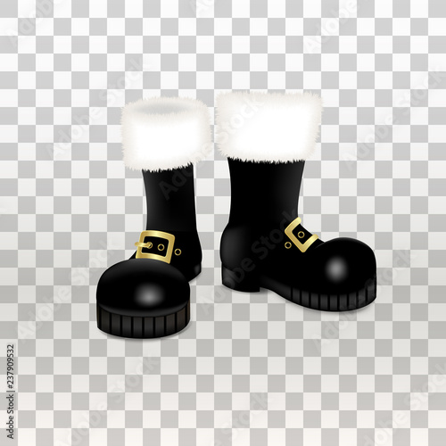A pair of Santa Claus Christmas black high boots . Realistic vector illustration icon isolated on transparent background.
