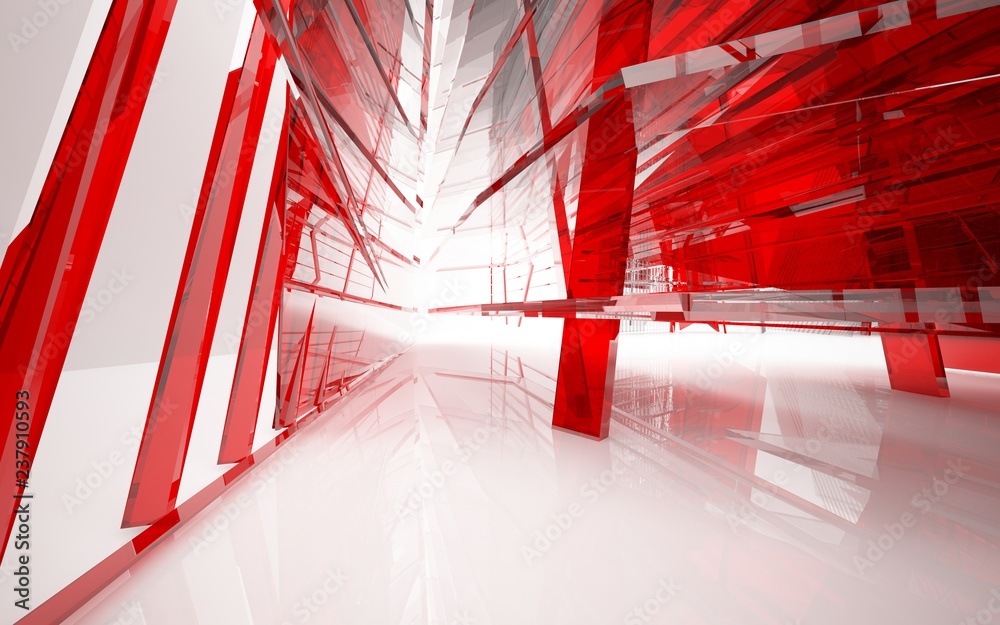abstract architectural interior with red glass sculpture . 3D illustration and rendering