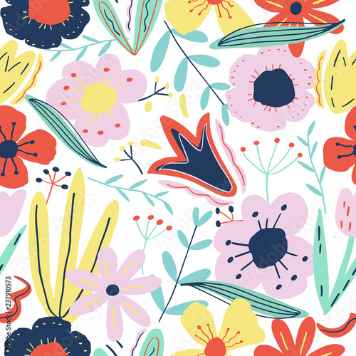 Abstract seamless pattern with creative flowers and decorative elements in scandinavian style. Floral background for print, postcards, poster, party, summer, spring, fabric, vintage textile. Vector.