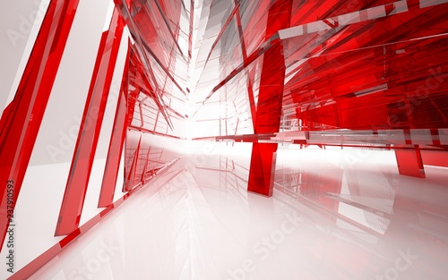 abstract architectural interior with red  glass sculpture . 3D illustration and rendering