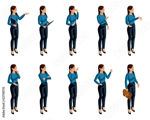 Isometric icons of woman's emotions, 3D body front view and rear view, face, eyes, lips, nose. Facial expression. Qualitative isometry of people for vector