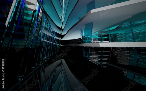 Abstract white interior of the future  with glossy black wall and floor. 3D illustration and rendering