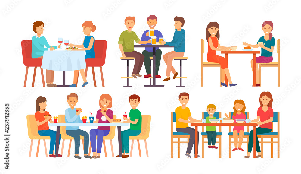 People Eating and Drinking Together Set Vector