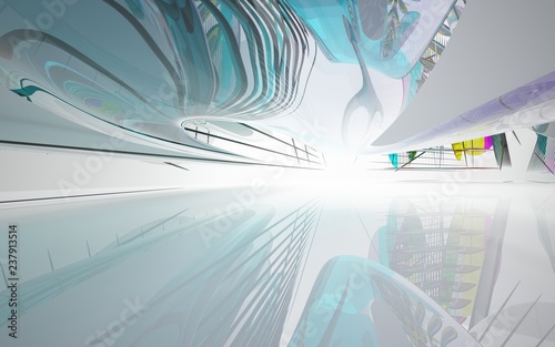 abstract architectural white interior with colored smooth glass gradient sculpture. 3D illustration and rendering
