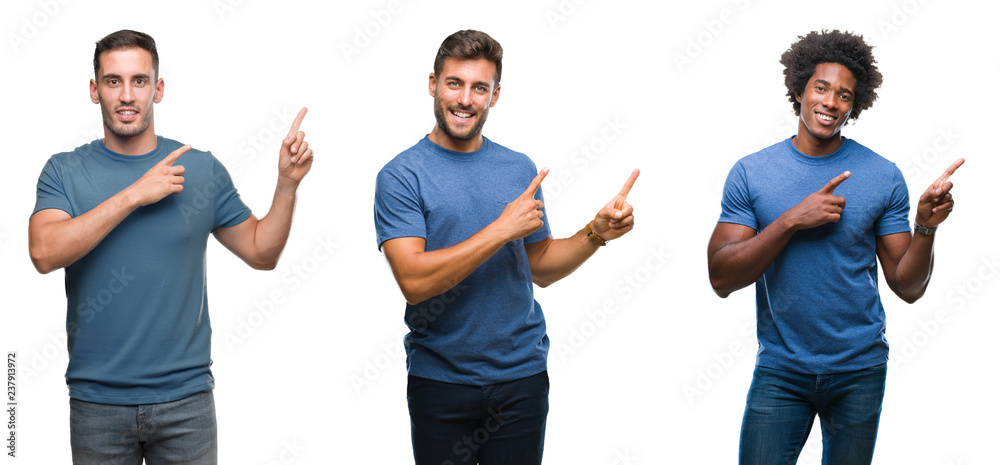 Obraz premium Collage of group of hispanic and african american men over isolated background smiling and looking at the camera pointing with two hands and fingers to the side.