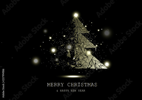 Merry Christmas, Golden glowing tree fantasy miracle, confetti stars sparkle, nature, space and astronomy luxury concepts abstract background seasonal holiday vector illustration