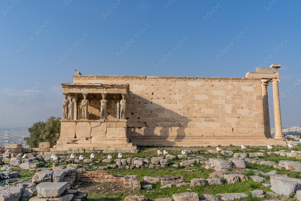 The Caryatid Porch visible as part of the ancient Erechtheion Temple in the Acropolis, in Athens, Greece.
