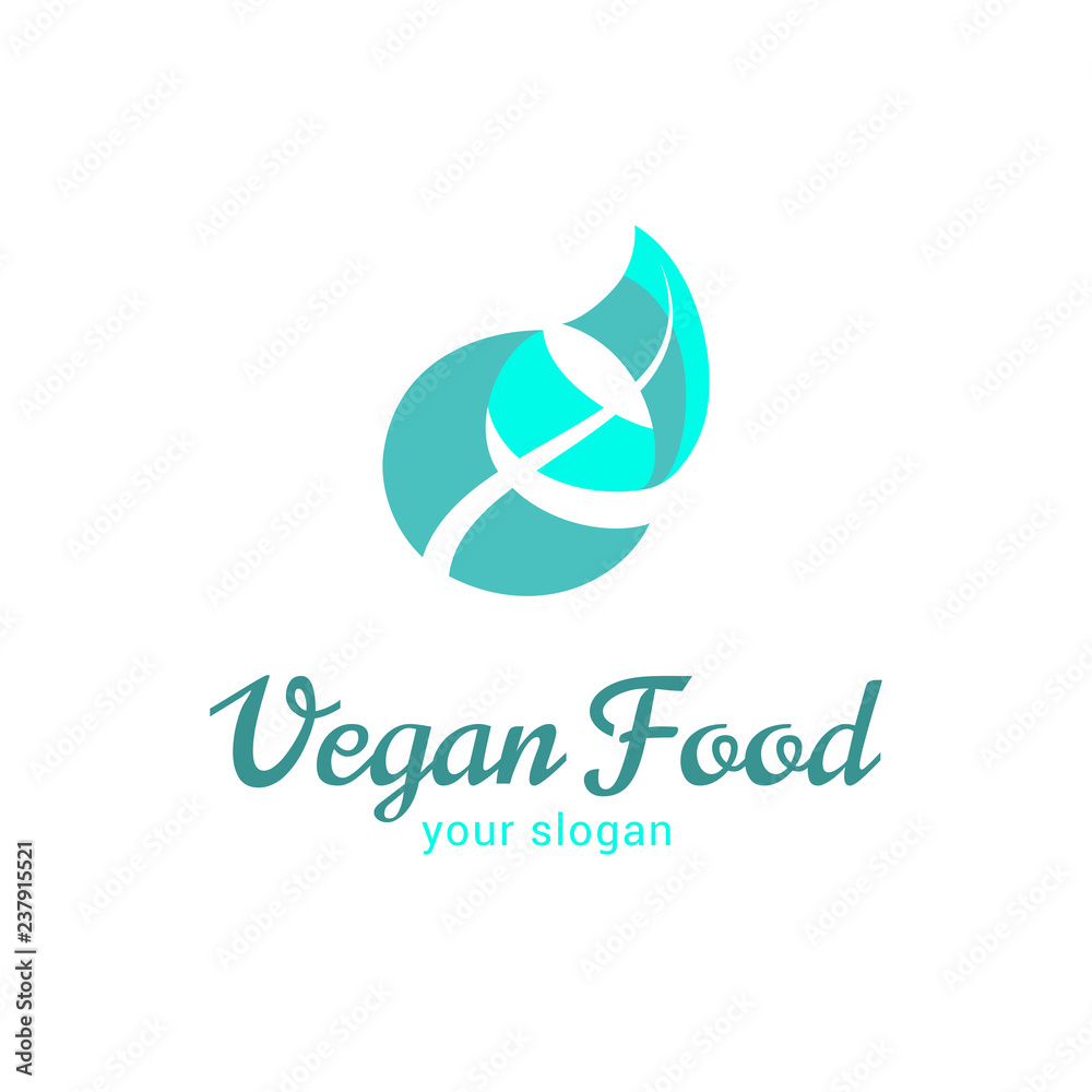 Vector logo template for vegan food. Illustration of leaf. Vegan badge. Can be used for vegetarian cafe, store or shop. EPS10. Eco product logotype.