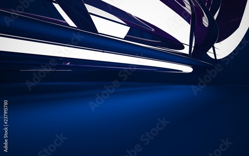 Abstract interior of the future in a minimalist style witht blue sculpture. Night view from the backligh. Architectural background. 3D illustration and rendering