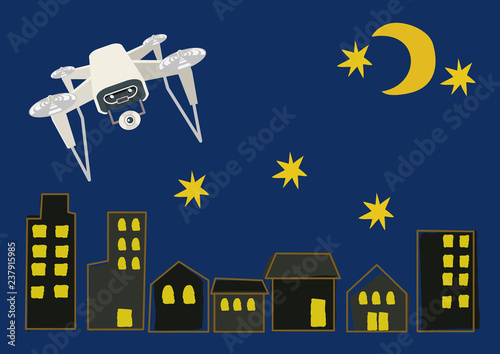 ドローンのイラスト。 空を飛ぶドローンのクリップアート。 未来の機械のイラスト。