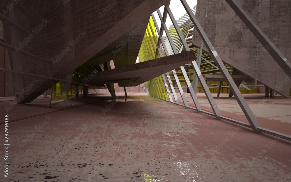 Empty abstract room interior of sheets rusted metal and brown concrete with green glass. Architectural background. 3D illustration and rendering Empty abstract room interior of sheets rusted metal and brown concrete with green glass. Architectural background. 3D illustration and rendering