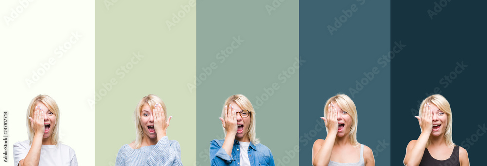 Obraz premium Collage of beautiful blonde woman over green vintage isolated background covering one eye with hand with confident smile on face and surprise emotion.