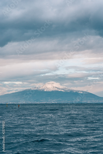 Mount Vesuvius covered in snow  seen from Sorrento  Italy
