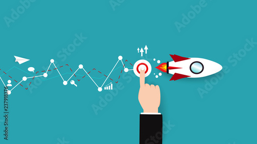 Business vector, paper plane with button booster to rocket, flat design, background, idea creative and strategy, icon symbol