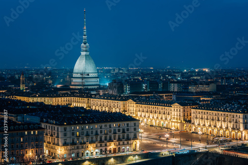 A night view of the Mole Antonelliana, from Monte dei Cappuccini, in Turin, Italy.