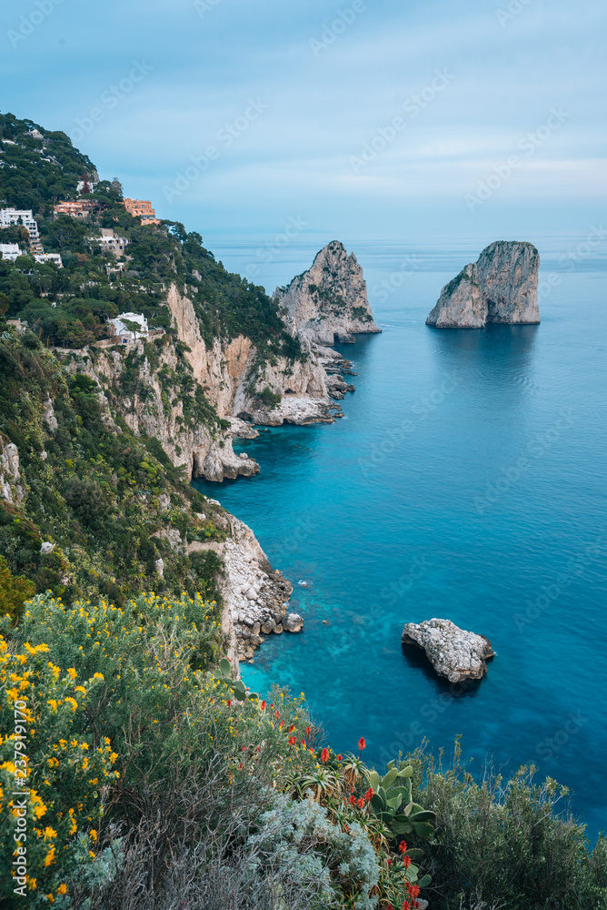 View from of rocky coast from Giardini di Augusto in Capri, Italy
