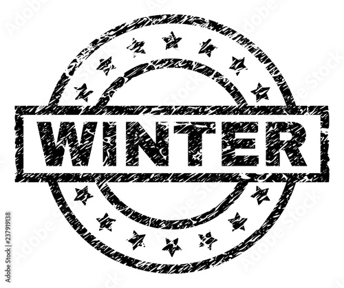 WINTER stamp seal watermark with distress style. Designed with rectangle, circles and stars. Black vector rubber print of WINTER tag with unclean texture.