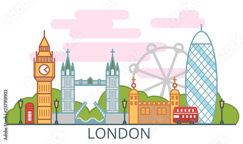 London sights on a street in a flat illustration on a white sky postcard