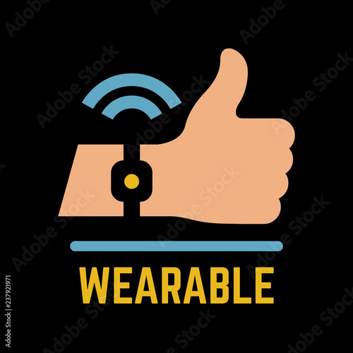 Vector wearable flat isolated color icon of hand with smart watch on a wrist silhouette wearables sign on a black background.