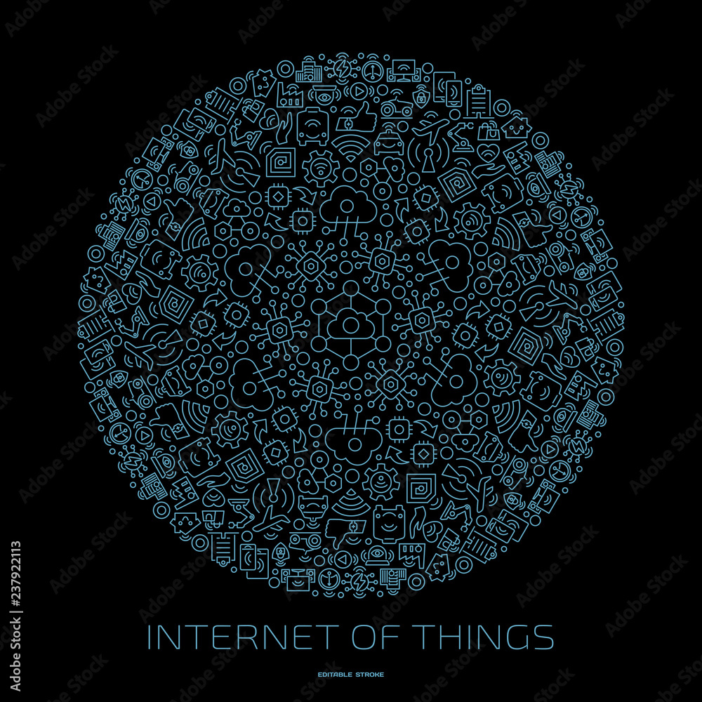 Vector internet of things circle outline icon ornament on a black background  with wireless network systems and cloud computing digital IoT smart  technology sign in round shape mandala. Stock Vector | Adobe
