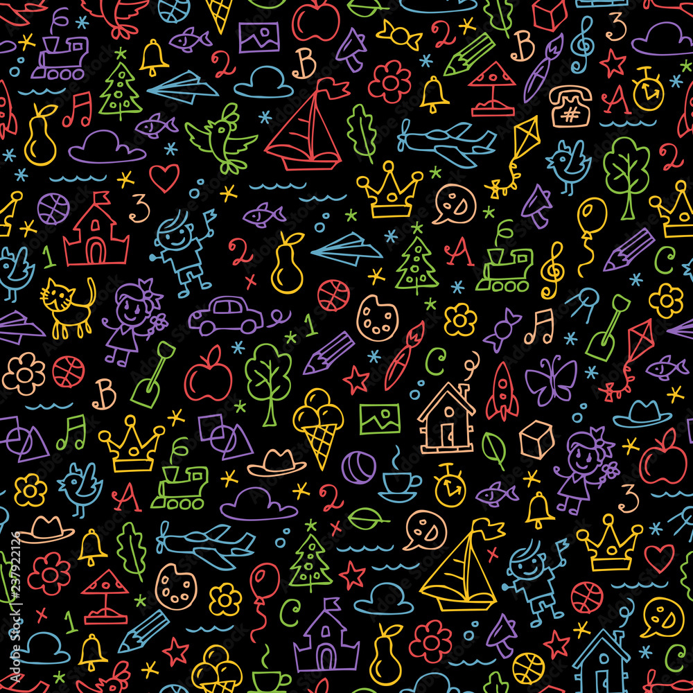 Vector children drawing sketch color outline doodles seamless