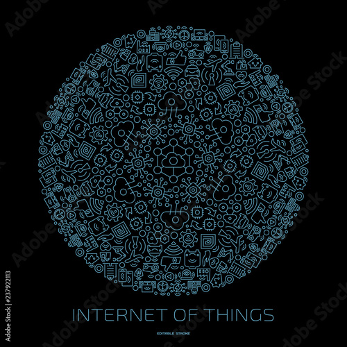Vector internet of things circle outline icon ornament on a black background with wireless network systems and cloud computing digital IoT smart technology sign in round shape mandala.