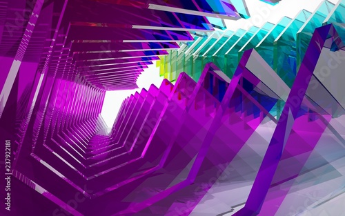 abstract architectural interior with gradient geometric glass sculpture with black lines. 3D illustration and rendering