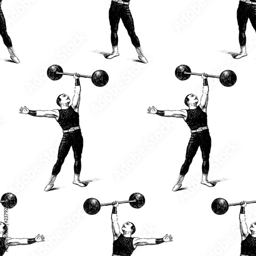 Seamless pattern of a vintage athlete with a barbell