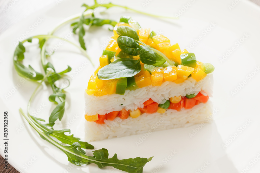 Vegetarian food, rice salad with vegetables, healthy meals Vegetarian food, rice salad with vegetables, healthy meals