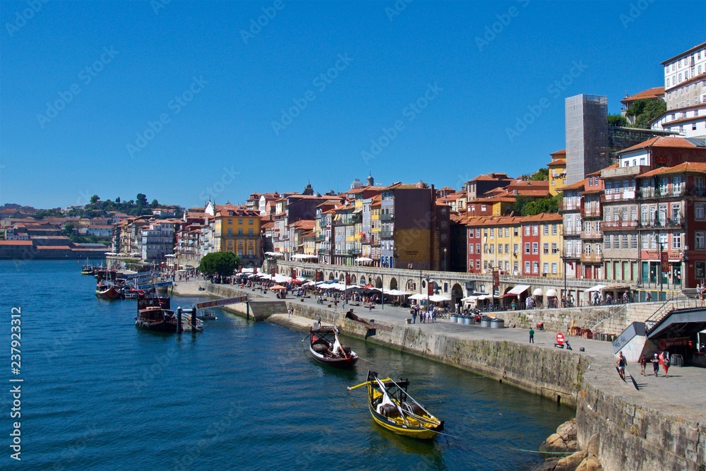 View of old Porto waterfront next to Douro River in Portugal