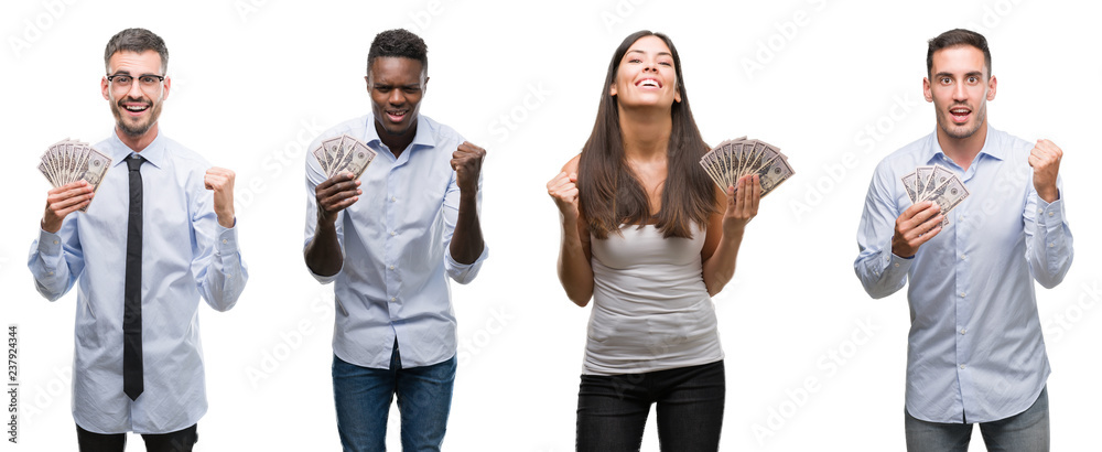 Collage of group team of workers holding bank notes dollars over isolated background screaming proud and celebrating victory and success very excited, cheering emotion