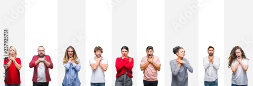 Collage of different ethnics young people over white stripes isolated background shouting and suffocate because painful strangle. Health problem. Asphyxiate and suicide concept.