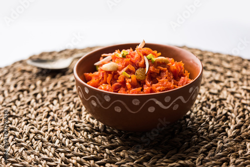 Gajar ka halwa is a carrot-based sweet dessert pudding from India. Garnished with Cashew/almond nuts. served in a bowl.