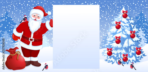 Cartoon Santa Claus hold celebratory Christmas background wit fir tree