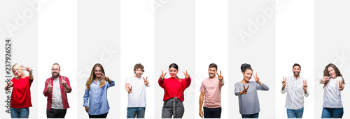 Collage of different ethnics young people over white stripes isolated background smiling looking to the camera showing fingers doing victory sign. Number two.