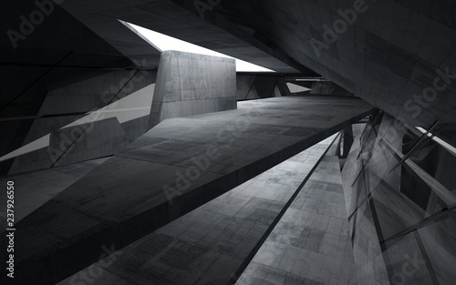 Empty dark abstract concrete room interior. Architectural background. Night view of the illuminated. 3D illustration and rendering