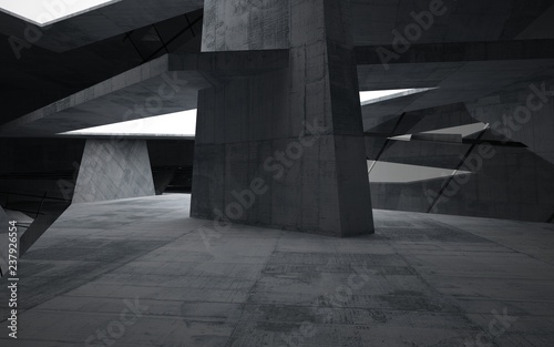 Empty dark abstract concrete room interior. Architectural background. Night view of the illuminated. 3D illustration and rendering