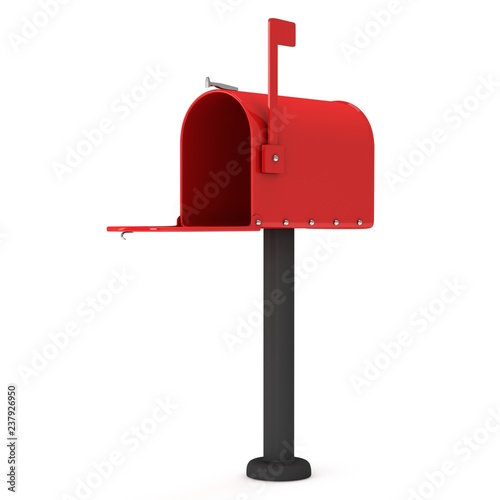 Mailbox with open door and raised flag. 3d render illustration isolated on white background.