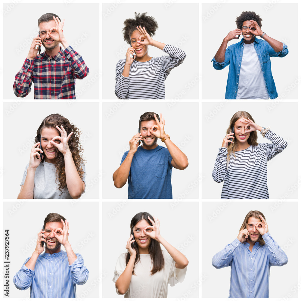 Collage of group of young people calling using smartphone over isolated background with happy face smiling doing ok sign with hand on eye looking through fingers Collage of group of young people calling using smartphone over isolated background with happy face smiling doing ok sign with hand on eye looking through fingers
