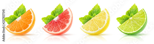 Isolated citrus fruits collection. Wedges of orange, pink grapefruit, lemon and lime with mint leaves on white background with clipping path