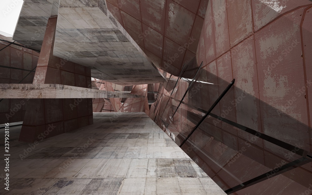 Empty abstract room interior of sheets rusted metal and brown concrete. Architectural background. 3D illustration and rendering Empty abstract room interior of sheets rusted metal and brown concrete. Architectural background. 3D illustration and rendering