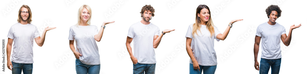 Collage of group of people wearing casual white t-shirt over isolated background smiling cheerful presenting and pointing with palm of hand looking at the camera. Collage of group of people wearing casual white t-shirt over isolated background smiling cheerful presenting and pointing with palm of hand looking at the camera.