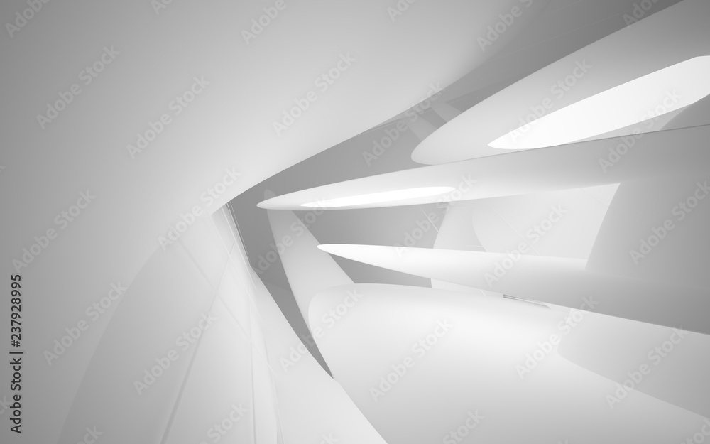 Abstract smooth white interior of the future. Night view from the backlight. Architectural background. 3D illustration and rendering 