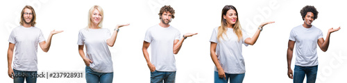 Collage of group of people wearing casual white t-shirt over isolated background smiling cheerful presenting and pointing with palm of hand looking at the camera.
