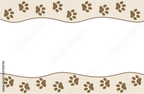 Animal paw prints on beige wave pattern border frame background design template with empty space for your text.
