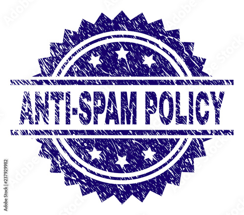 ANTI-SPAM POLICY stamp seal watermark with distress style. Blue vector rubber print of ANTI-SPAM POLICY text with dirty texture.