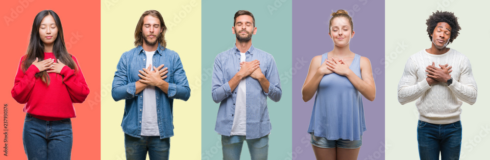 Composition of african american, hispanic and chinese group of people over vintage color background smiling with hands on chest with closed eyes and grateful gesture on face. Health concept. Composition of african american, hispanic and chinese group of people over vintage color background smiling with hands on chest with closed eyes and grateful gesture on face. Health concept.