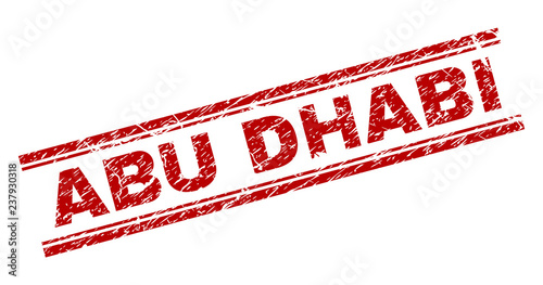 ABU DHABI seal stamp with corroded texture. Red vector rubber print of ABU DHABI text with unclean texture. Text label is placed between double parallel lines.